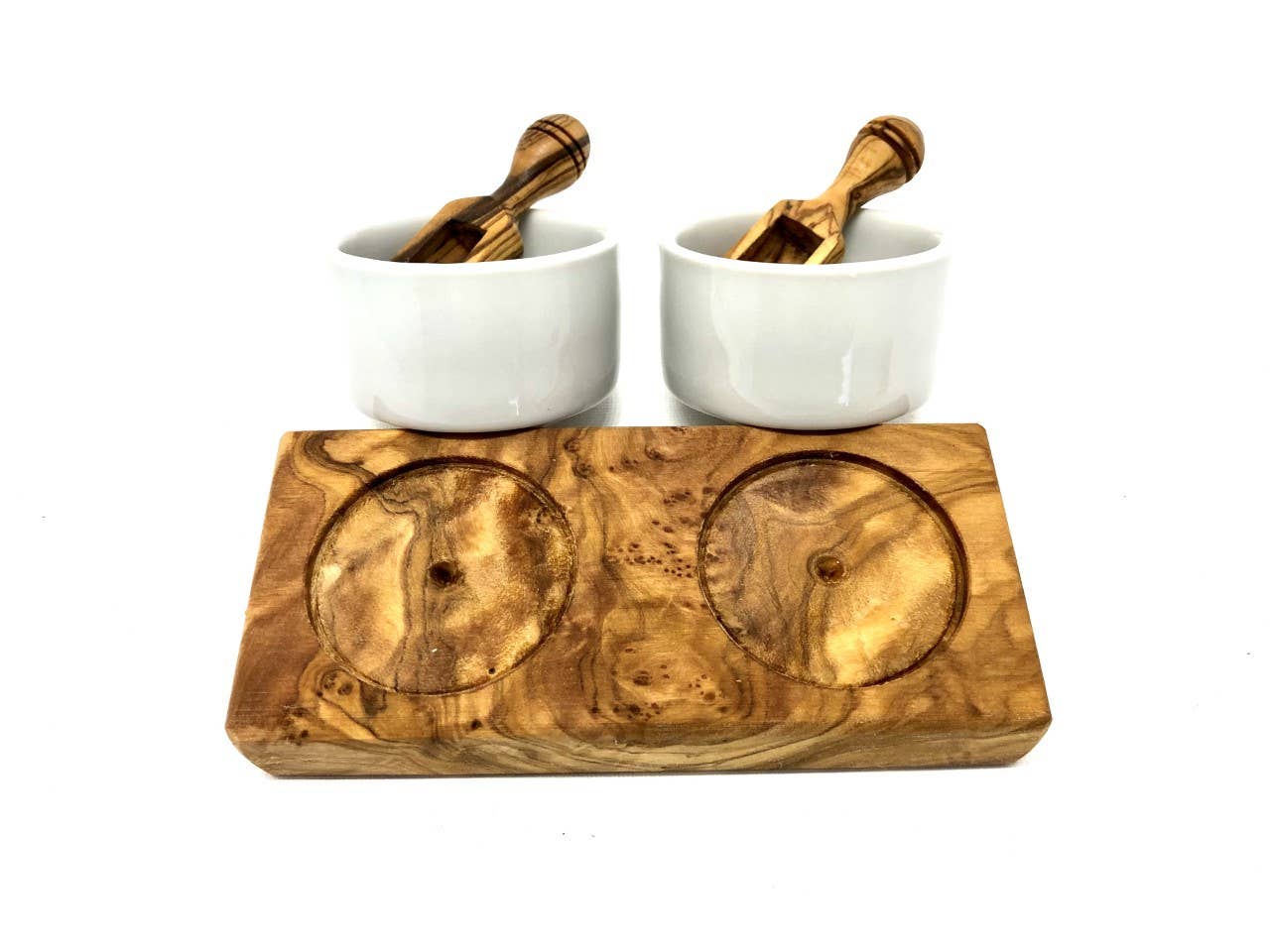Rustic Olive Wood Salt Bowl Set – 2 Ceramic Bowls with Salt Chips