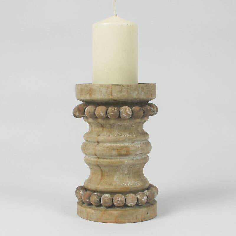 Rustic Wooden Stumpy Bead Candleholder (16 cm)