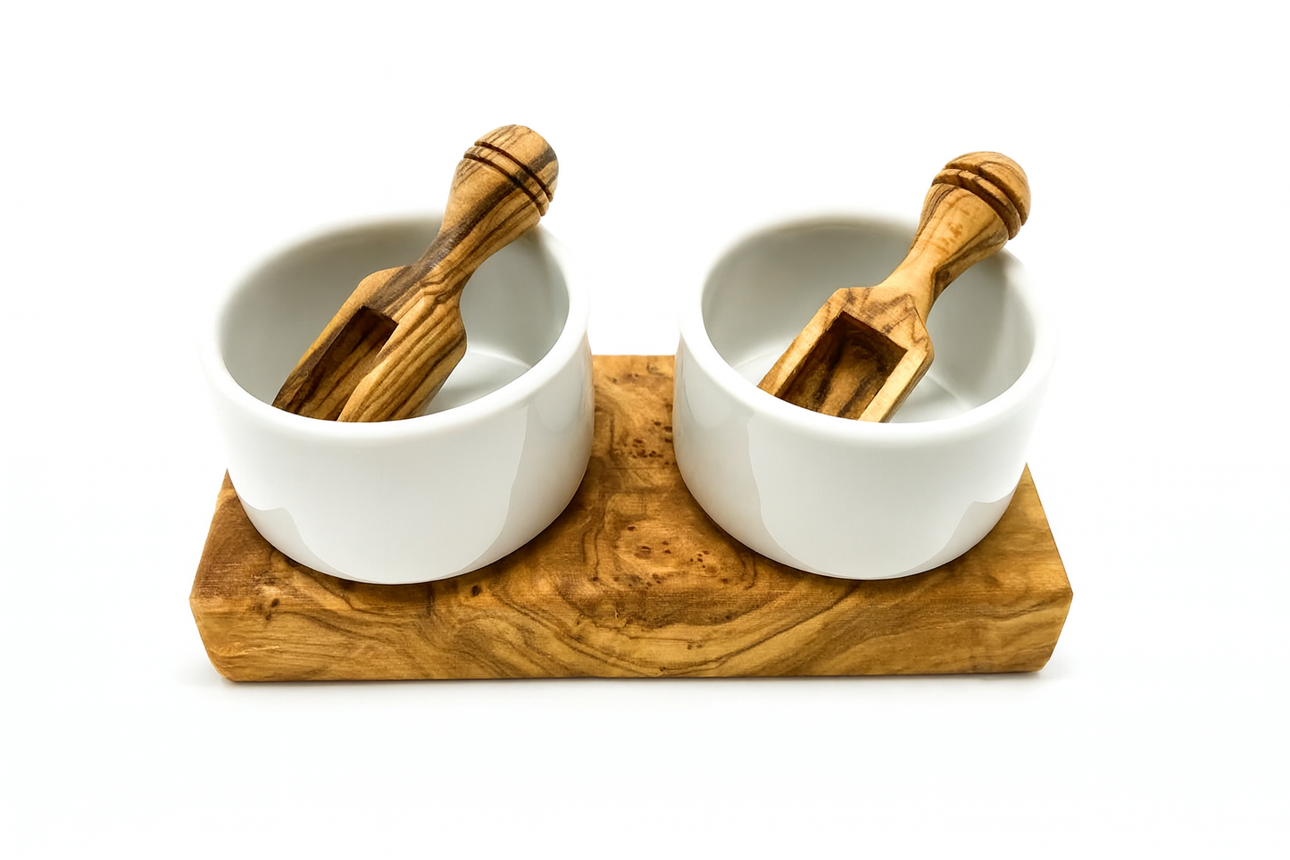 Rustic Olive Wood Salt Bowl Set – 2 Ceramic Bowls with Salt Chips