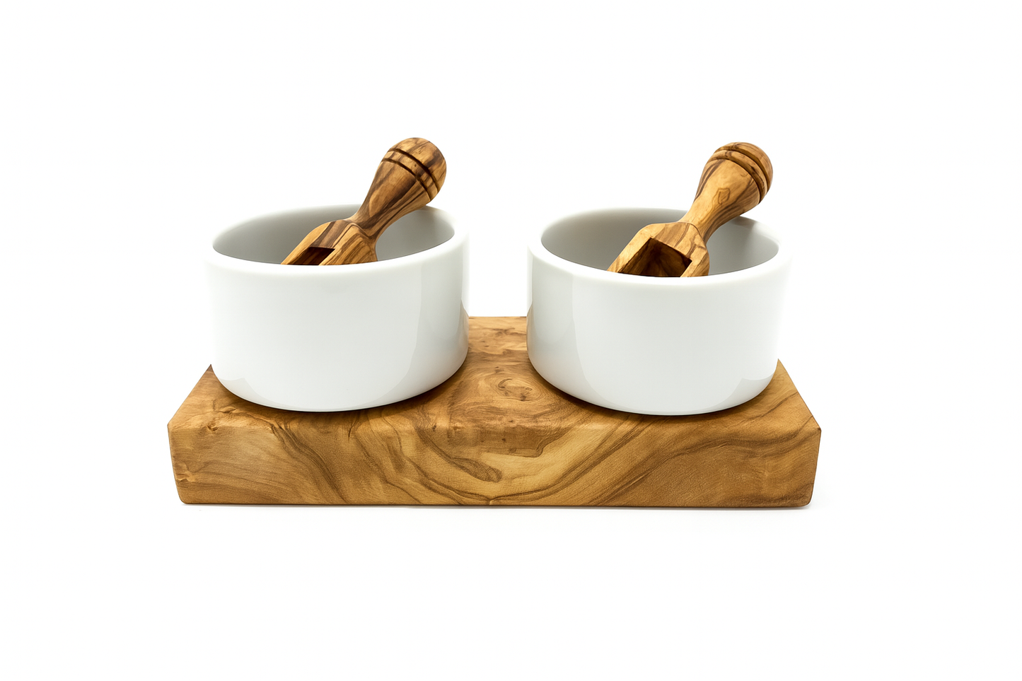 Rustic Olive Wood Salt Bowl Set – 2 Ceramic Bowls with Salt Chips