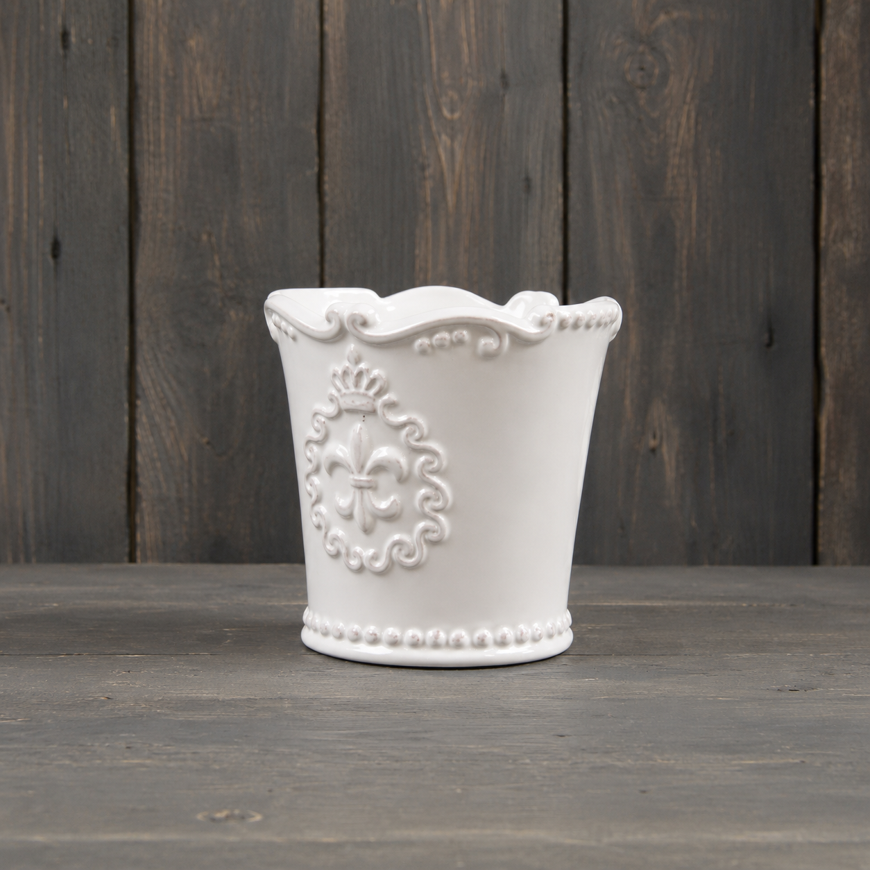 White Ceramic Planter With Fleur De Lis Design (11cm)