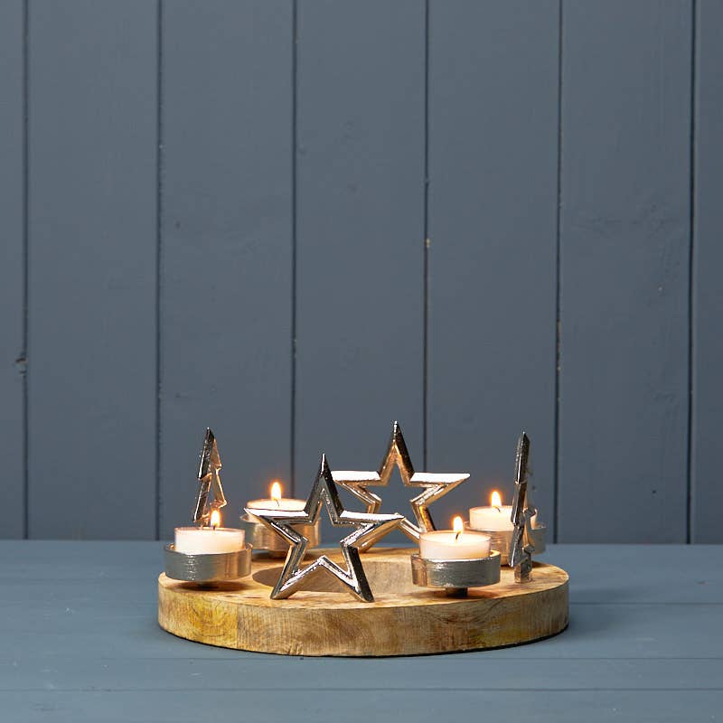 Festive Silver Tealight Centrepiece with Silver Ring and Wooden Stand (4 candles)