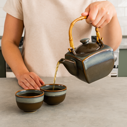 Olive Green Reactive Glaze Porcelain Tea Set — 32 oz Teapot + 2 Cups