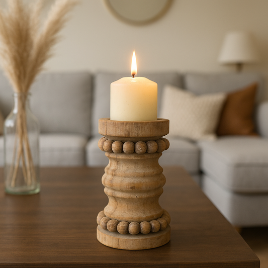 Rustic Wooden Stumpy Bead Candleholder (16 cm)