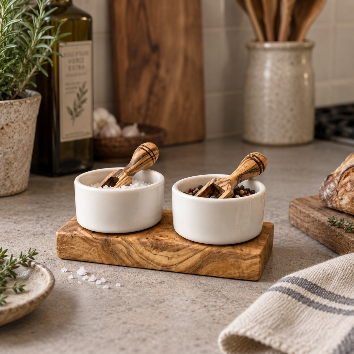 Rustic Olive Wood Salt Bowl Set – 2 Ceramic Bowls with Salt Chips