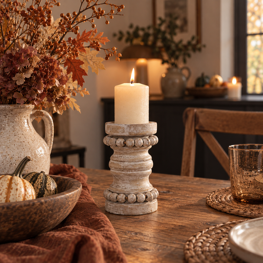 Rustic Wooden Stumpy Bead Candleholder (16 cm)