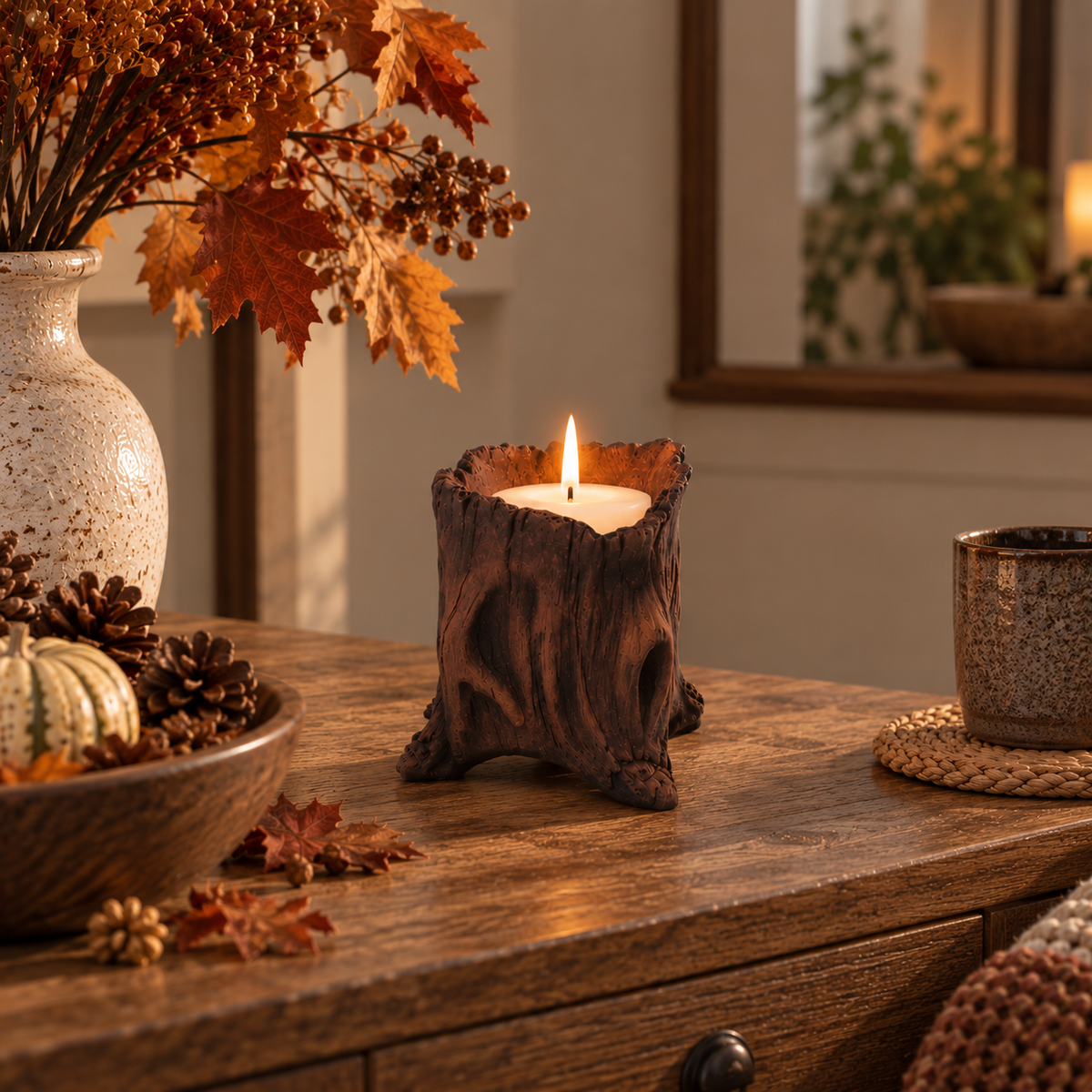 Artisanal Tree Stump Cement Candle Holder