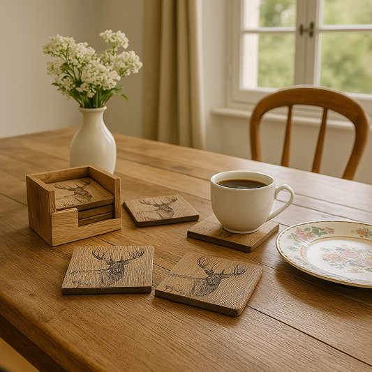 Wooden Set of 4 Engraved Stag Coasters