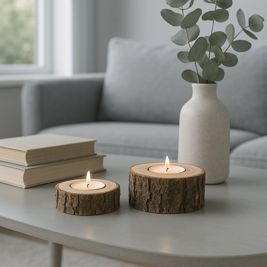 Set of Two Wooden Tealight Holders with Bark Detail