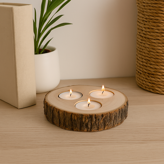 Wooden Triple Tealight Holder with Bark Detail