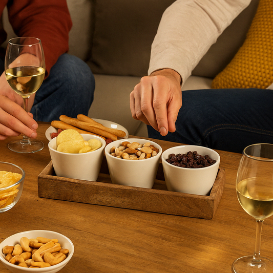 Set of 3 Ceramic Snack/Nibble Bowls with Mango Wood Tray