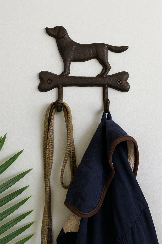 Rustic Cast Iron Wall Hooks, Gun Dog Design With 2 Hooks