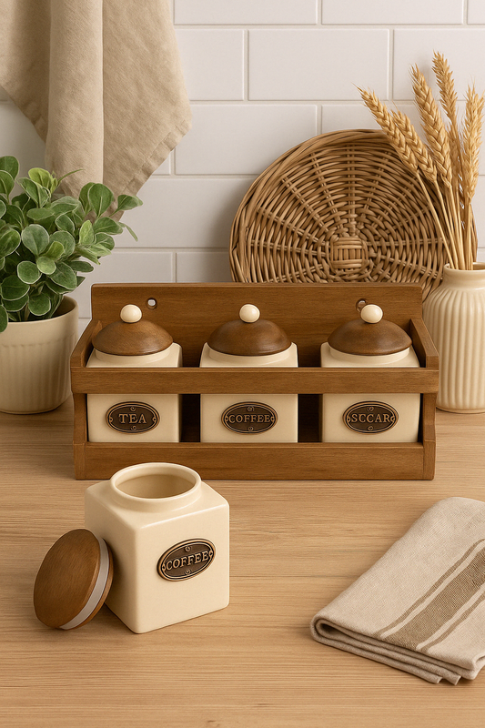 Wooden Rack with 3 Ceramic Jars
