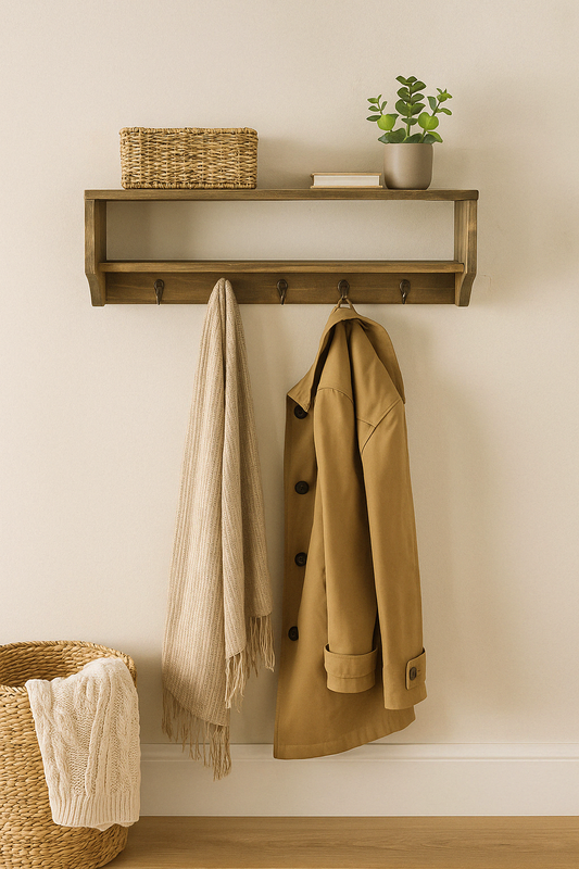 Wooden Wall Shelf with 4 Hooks 54 x 10 x 18 cm