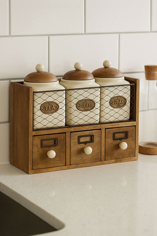 Wooden Cabinet With 3 Jars & Drawers