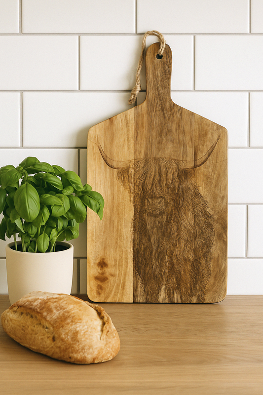 Wooden Chopping Board With Highland Cow Engraving 50cm