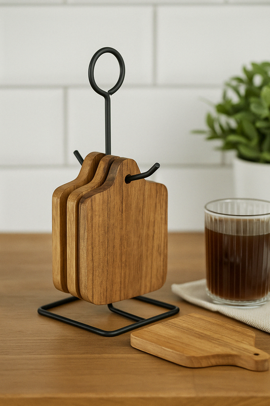 Acacia Coasters With a Black Metal Stand, Set Of 6