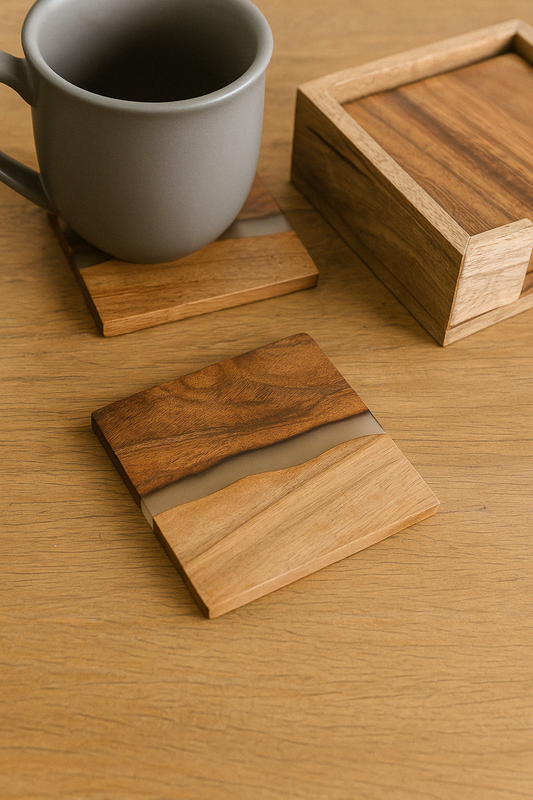 Wooden Wave Design Coasters In A Wooden Holder