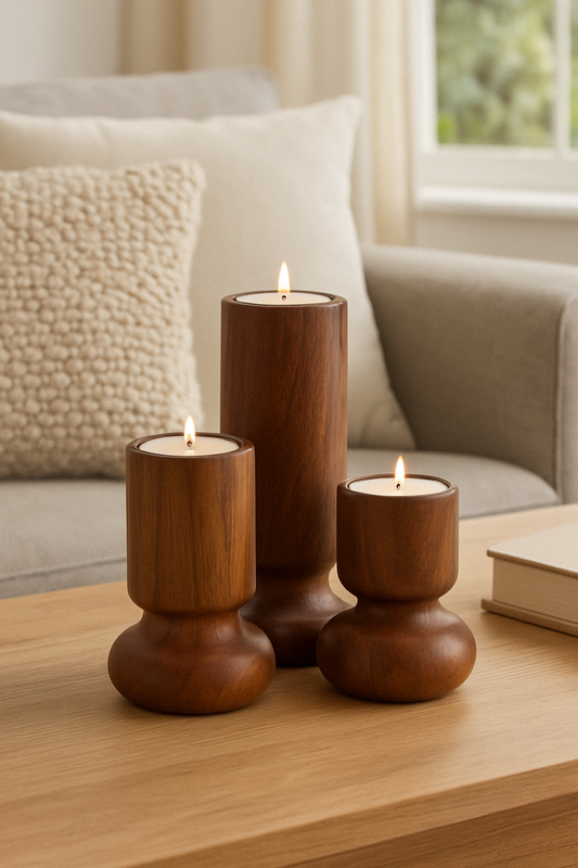 Set of Three Wooden Candlestick or Tea Light Holders