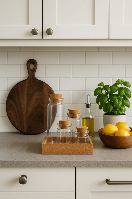 Cork Tray With Four Glass Bottles & Lids