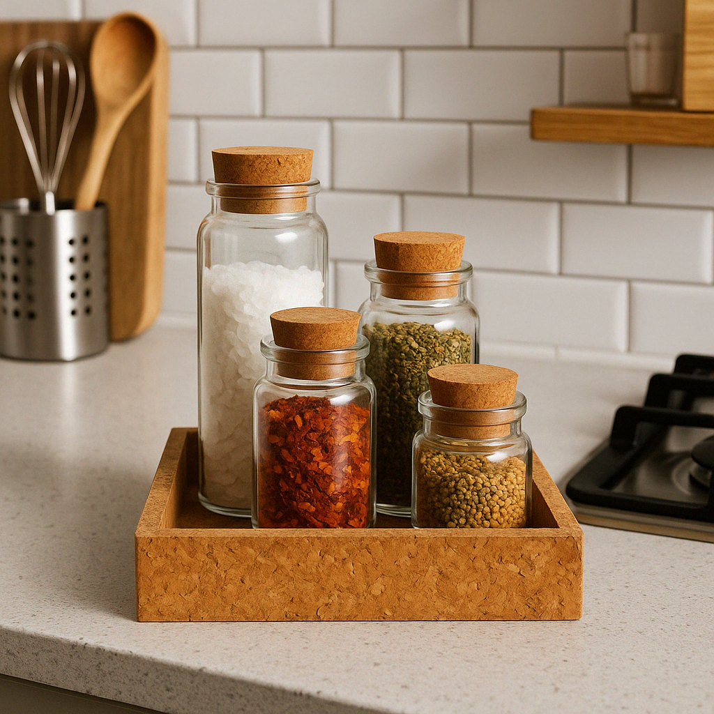 Cork Tray With Four Glass Bottles & Lids
