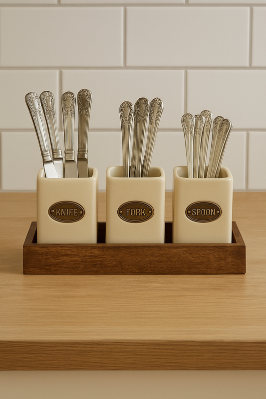 Knife, Fork & Spoon Ceramic Holder Set, with Mango Wood Tray
