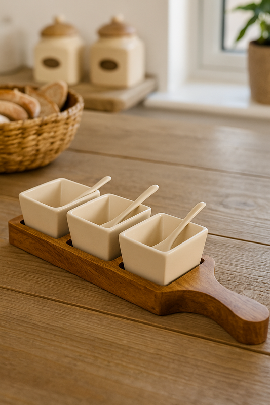 Wooden Tray With Dip Bowls & Spoons 36cm
