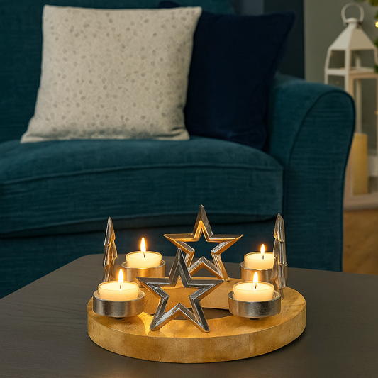 Festive Silver Tealight Centrepiece with Silver Ring and Wooden Stand (4 candles)