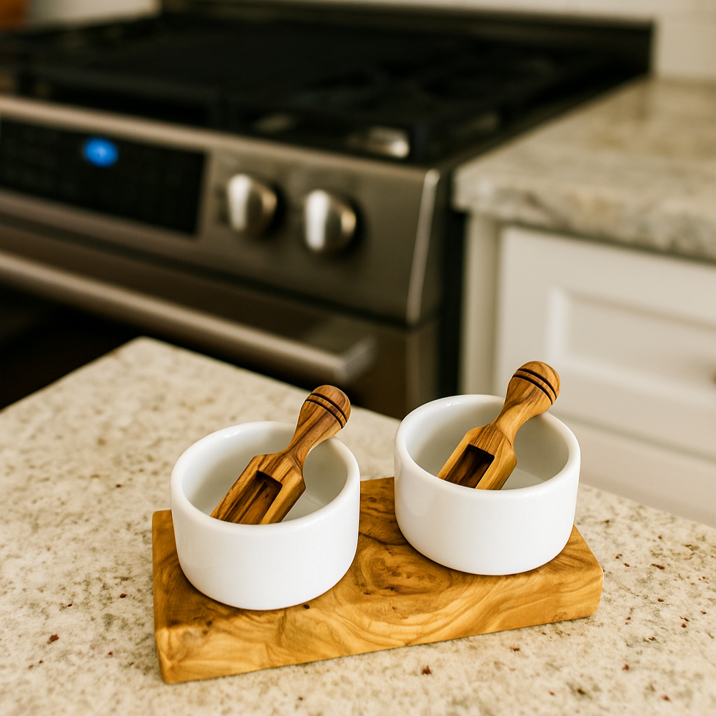 Rustic Olive Wood Salt Bowl Set – 2 Ceramic Bowls with Salt Chips