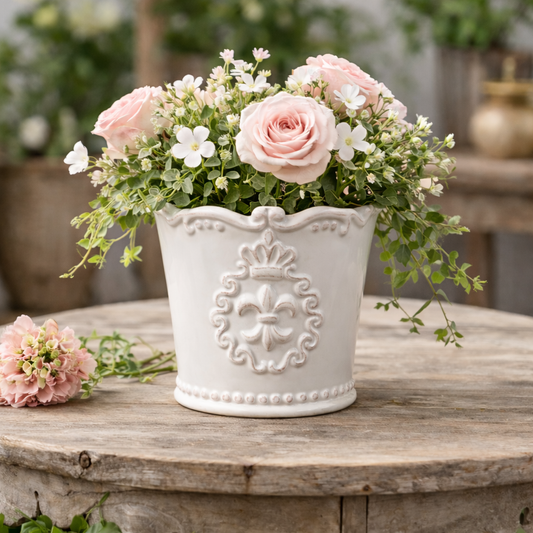 White Ceramic Planter With Fleur De Lis Design (13cm)