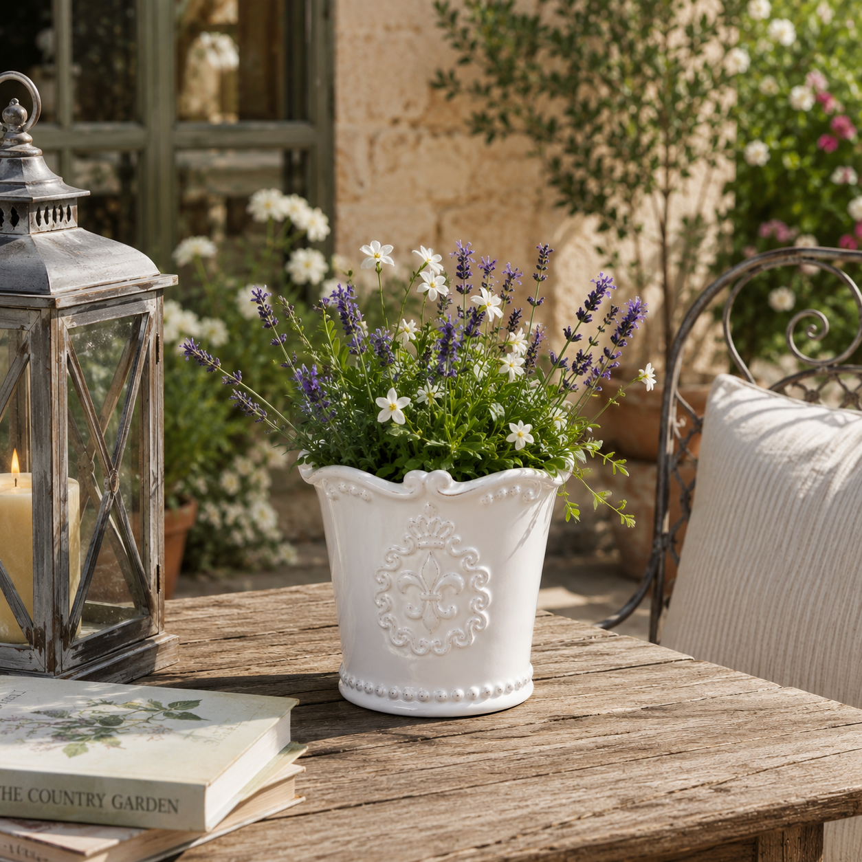 White Ceramic Planter With Fleur De Lis Design (11cm)