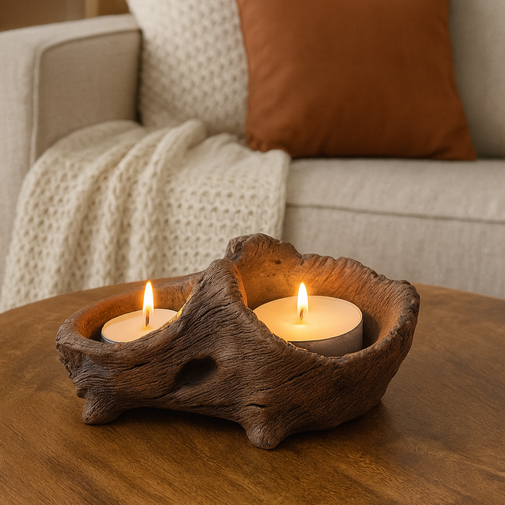Artisanal Tree Stump Cement Dual Candle Holder