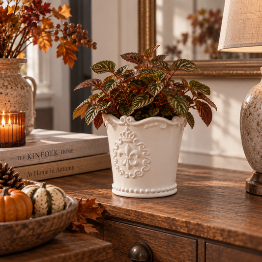 White Ceramic Planter With Fleur De Lis Design (11cm)