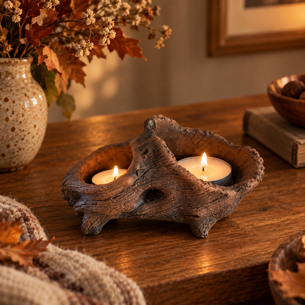 Artisanal Tree Stump Cement Dual Candle Holder