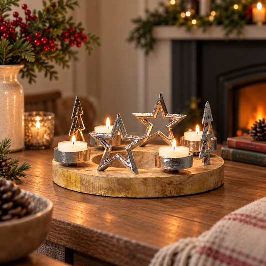Festive Silver Tealight Centrepiece with Silver Ring and Wooden Stand (4 candles)