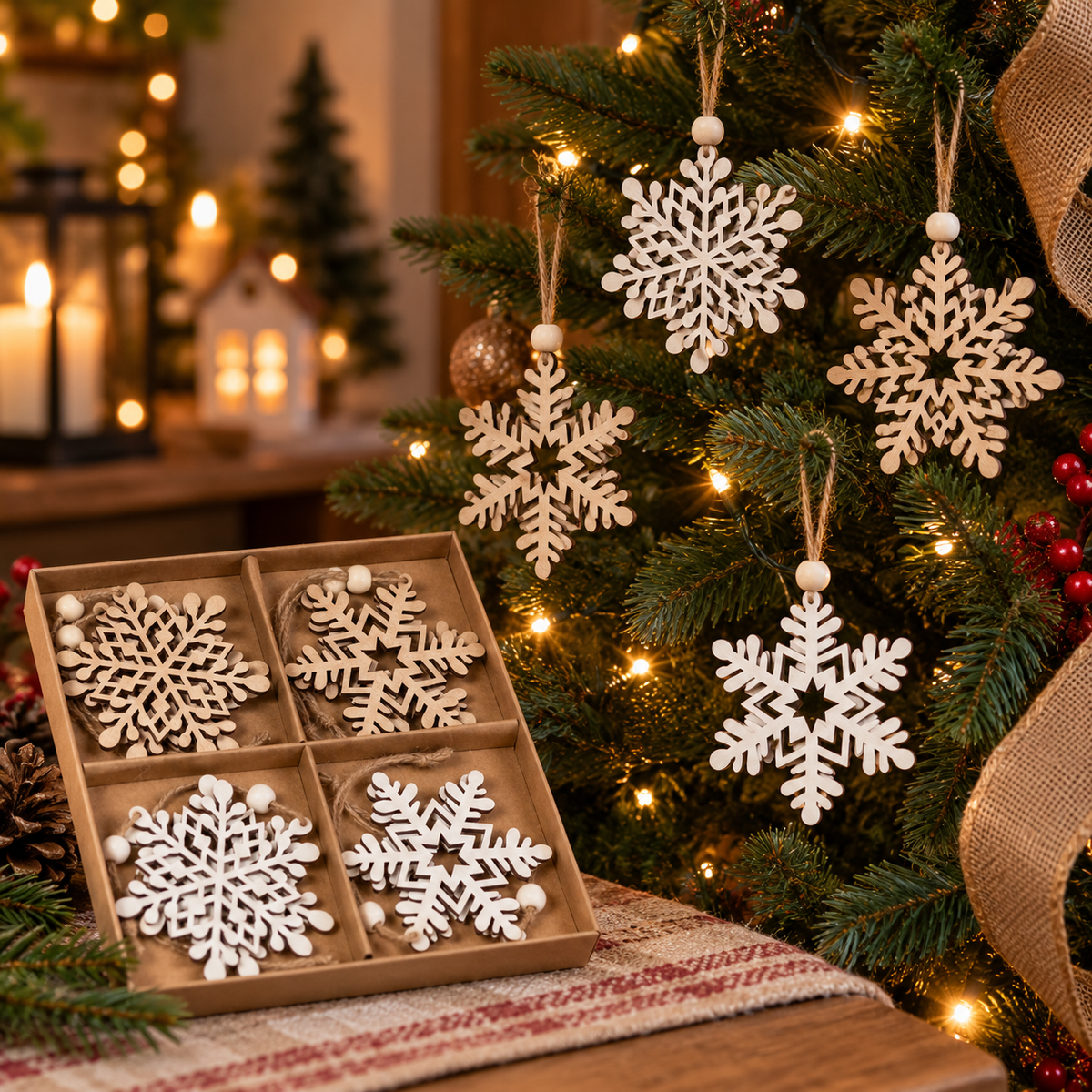 Set of 8 Hanging Wooden Snowflakes For Christmas Trees