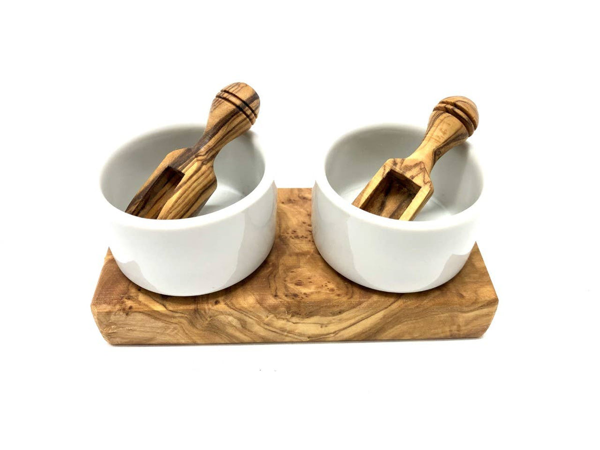 Rustic Olive Wood Salt Bowl Set – 2 Ceramic Bowls with Salt Chips
