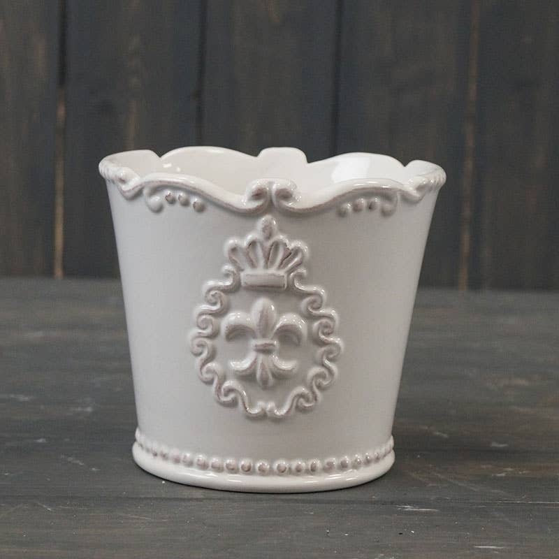 White Ceramic Planter With Fleur De Lis Design (13cm)